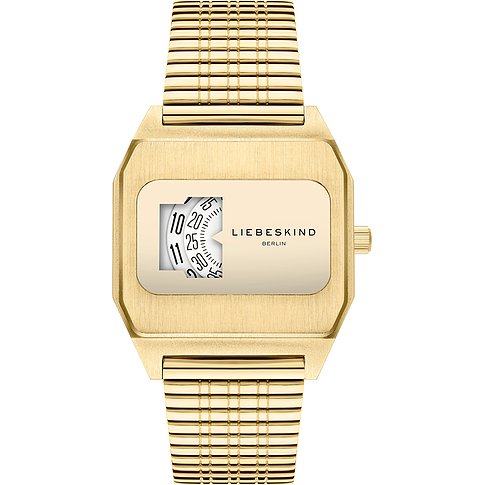 Liebeskind dameshorloge van roestvrij staal, goudkleurig, met digitale weergave.
