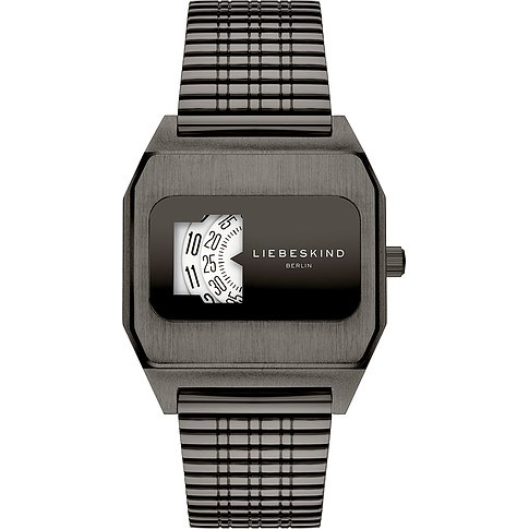Liebeskind dameshorloge met roestvrijstalen kast, analoge weergave en geribbeld bandje.
