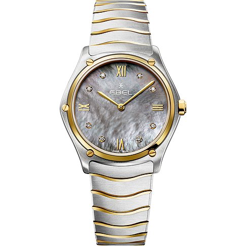 Ebel Damenuhr mit Edelstahlgehäuse, Gelbgold-Akzenten, analog und Diamanten.