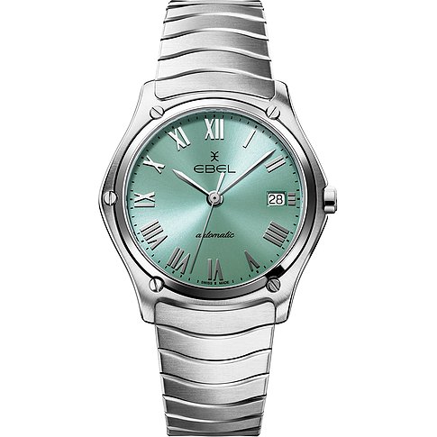 Ebel Damenuhr mit Edelstahlgehäuse, mintgrünem Zifferblatt und römischen Ziffern.