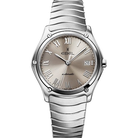 Ebel Damenuhr mit Edelstahlgehäuse, silberfarbenes Zifferblatt und römischen Ziffern.