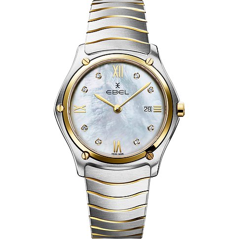 Ebel Damenuhr mit Edelstahlgehäuse, Golddetails und Diamanten.