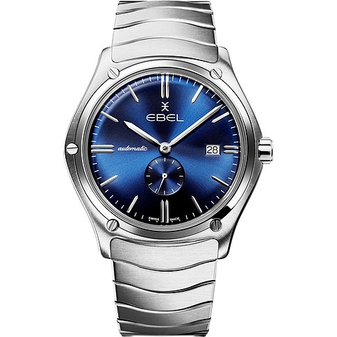 Ebel Herrenuhr mit Edelstahlgehäuse, blauem Zifferblatt und Automatikwerk.