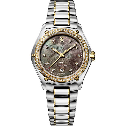 Ebel Damenuhr aus Edelstahl und 750 Gelbgold mit Diamanten und Perlmuttzifferblatt.