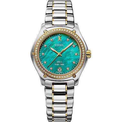 Ebel Damenuhr mit Edelstahlgehäuse, Gelbgold-Akzenten, Diamanten und grünem Zifferblatt.