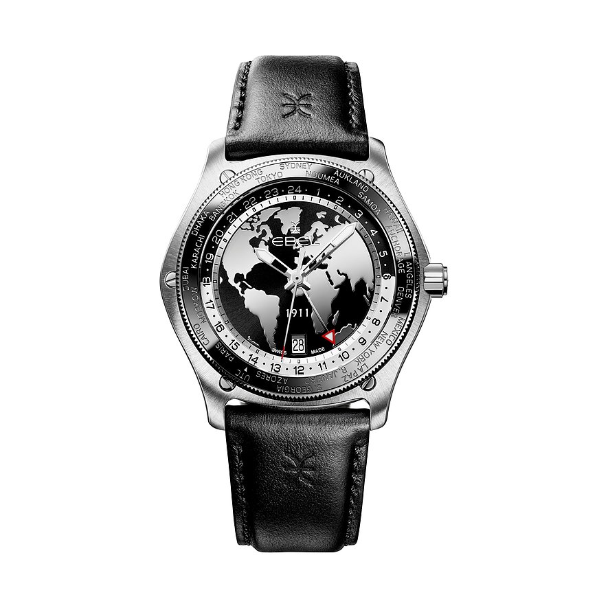 Ebel Uhr mit Edelstahlgehäuse, Weltkarten-Zifferblatt und Datumsanzeige.