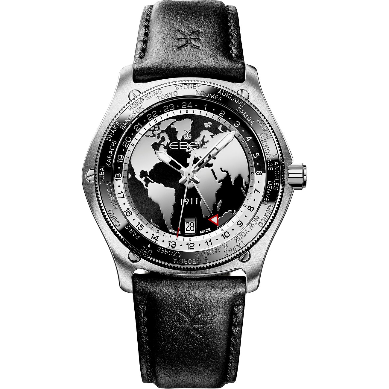 Ebel Uhr mit Edelstahlgehäuse, Weltkarten-Zifferblatt und Datumsanzeige.