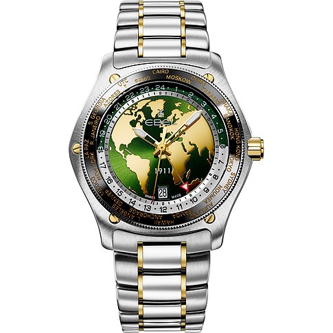 Ebel Uhr mit Edelstahlgehäuse, Gelbgold-Akzenten und Weltkarten-Zifferblatt.