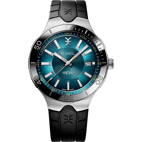 Ebel Herrenuhr mit Edelstahlgehäuse, blauem Zifferblatt und Datumsanzeige.