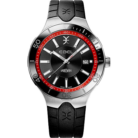 Ebel Herrenuhr mit Edelstahlgehäuse, schwarzem Zifferblatt und roten Akzenten.