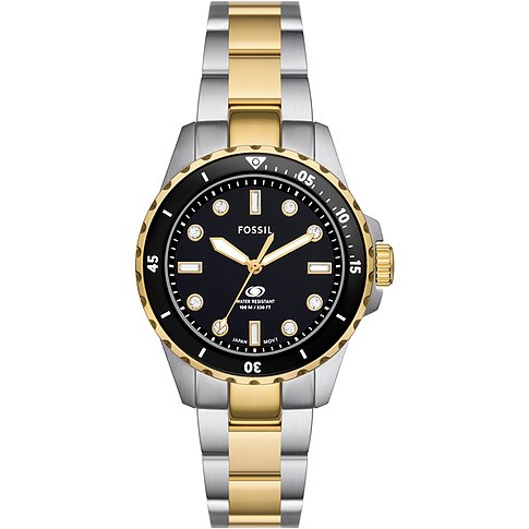 Fossil Damenuhr mit Edelstahlgehäuse, bicolor, analog, mit Steinen.