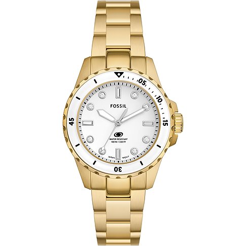 Fossil Damenuhr mit Edelstahlgehäuse, analog, mit Steinen.