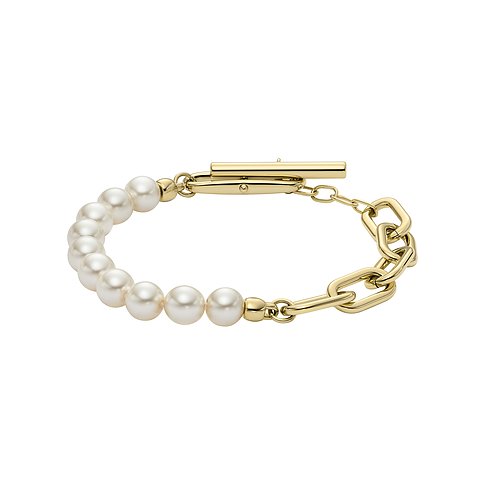 Bracciale Fossil in acciaio inossidabile con perle e chiusura a moschettone.