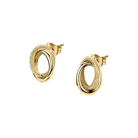 Ein Paar Ohrstecker aus 585er Gelbgold, die aus übereinanderliegenden, ovalen Komponenten bestehen.
