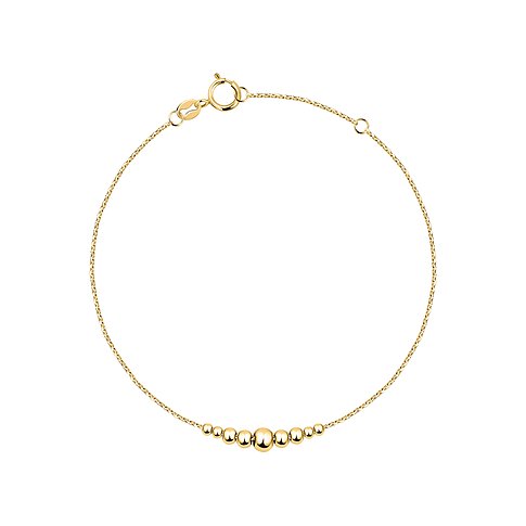 Armschmuck aus 585er Gelbgold, eine feine Kette mit glänzenden, unterschiedlich großen Kugelperlen in der Mitte.
