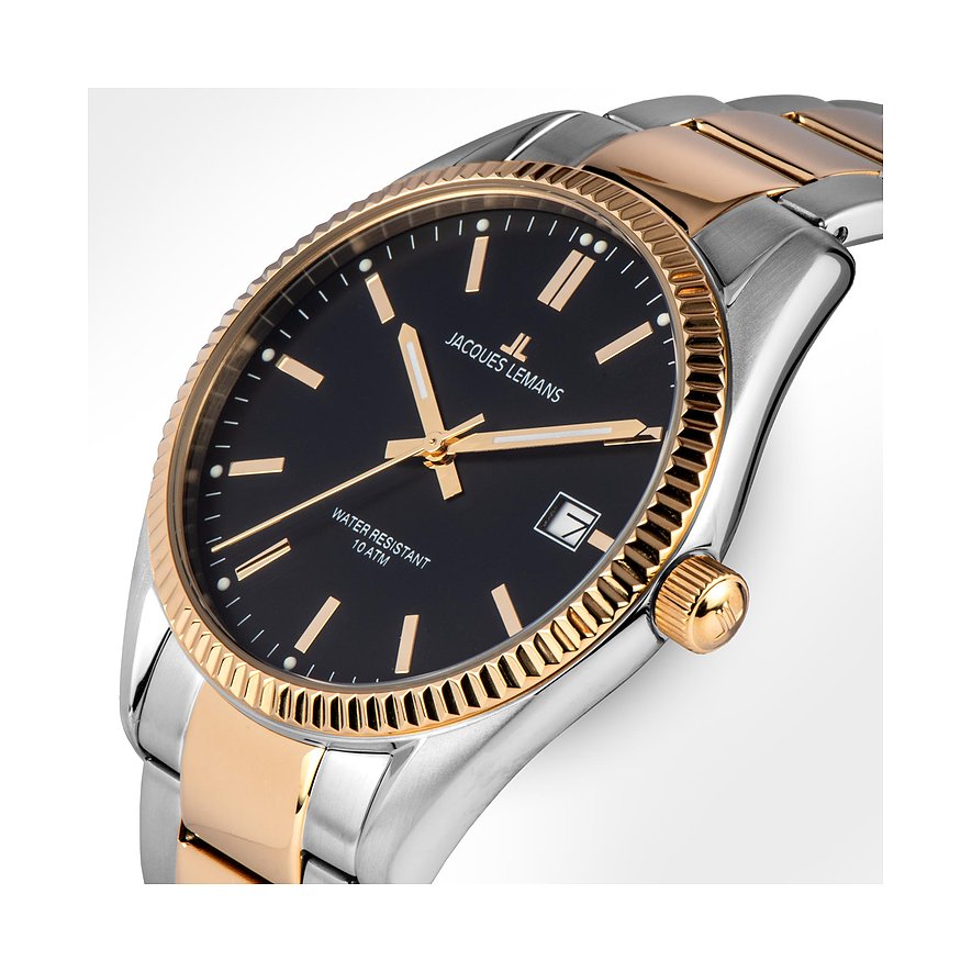 JACQUES LEMANS Orologio Da Uomo 50-3I – Cronografo Bicolore Con Bracciale In Acciaio Inox E Quadrante Nero, Vetro Minerale