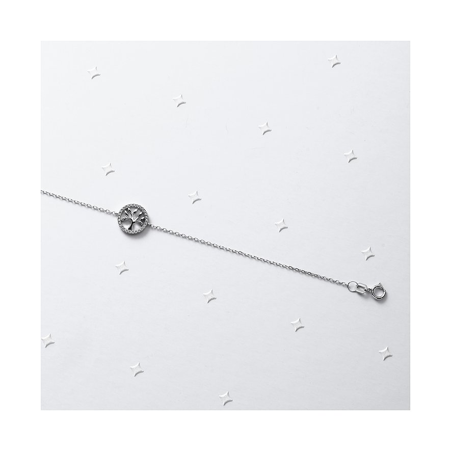 FAVS Armschmuck aus 375er Weißgold mit Lebensbaum-Anhänger und Zirkonia als Farbedelsteine.