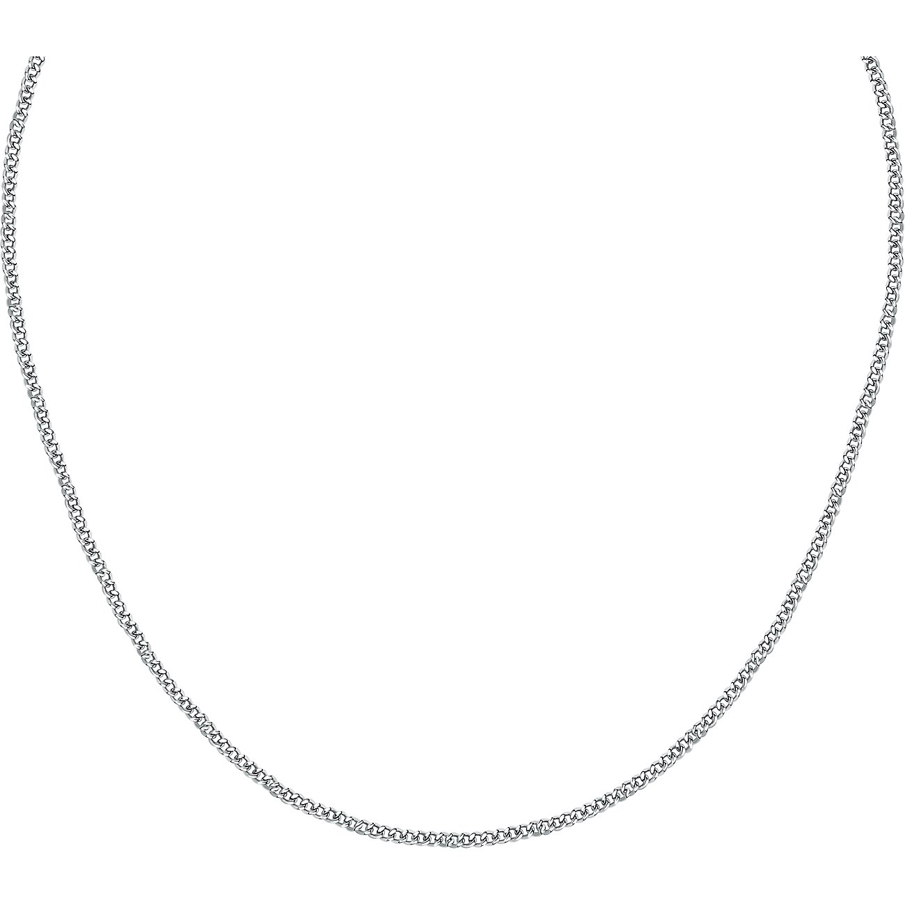 Een zilverkleurige CHRIST halsketting van gerecycled 925 zilver. De fijne ketting is gedrapeerd in een lichte U-vorm.