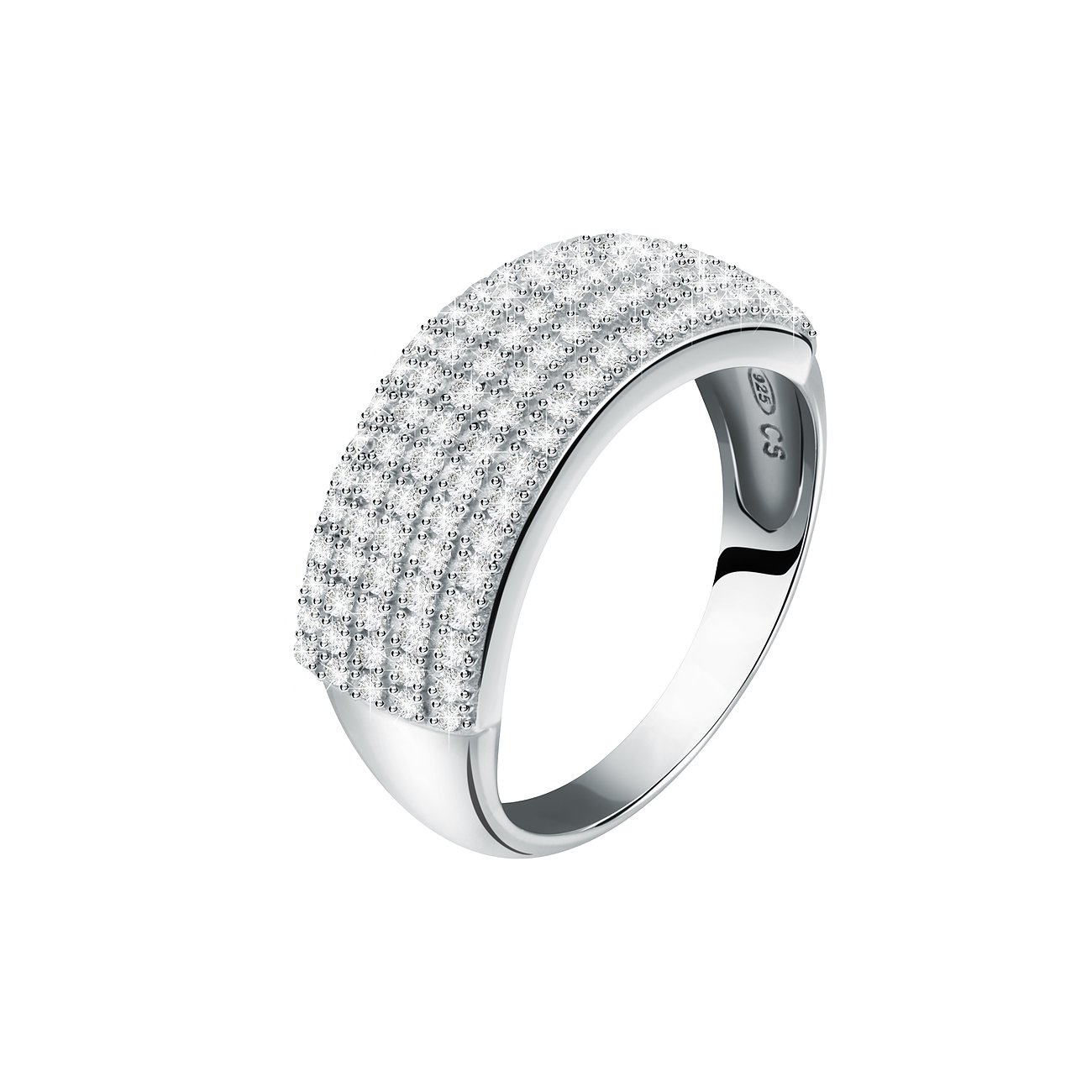 CHRIST Ring aus recyceltem 925er Silber mit drei Reihen funkelnder Zirkonia-Steine von oben rechts.