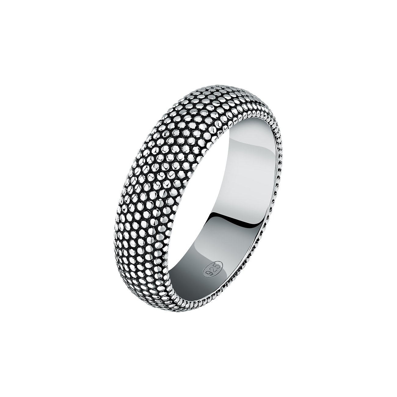 CHRIST Ring aus recyceltem 925er Silber mit einer Körnchenstruktur auf der Oberseite, die leicht nach links gedreht ist.