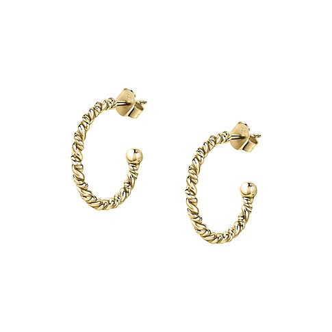 Zwei halbe Creolen aus verdrehtem, goldfarbenem 925er Recycling-Silber mit einem kleinen Kugeldetail.