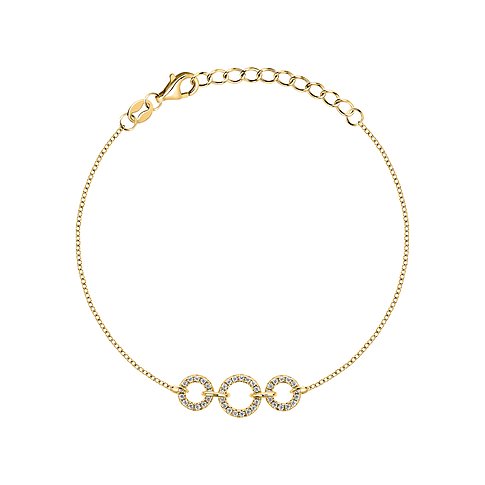 Armbånd af genanvendt 925 sølv med zirconia, filigran guldkæde og tre indfattede, funklende ringe.