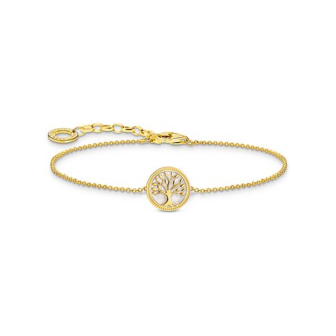 Thomas Sabo Armband aus vergoldetem Silber mit rundem Lebensbaum-Anhänger und weißer Emaille.