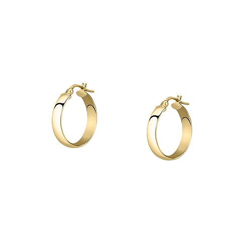 Zwei 585er Gelbgold Creolen, seitlich ausgerichtet, die einen Reflektionpunkt auf der rechten Seite haben.