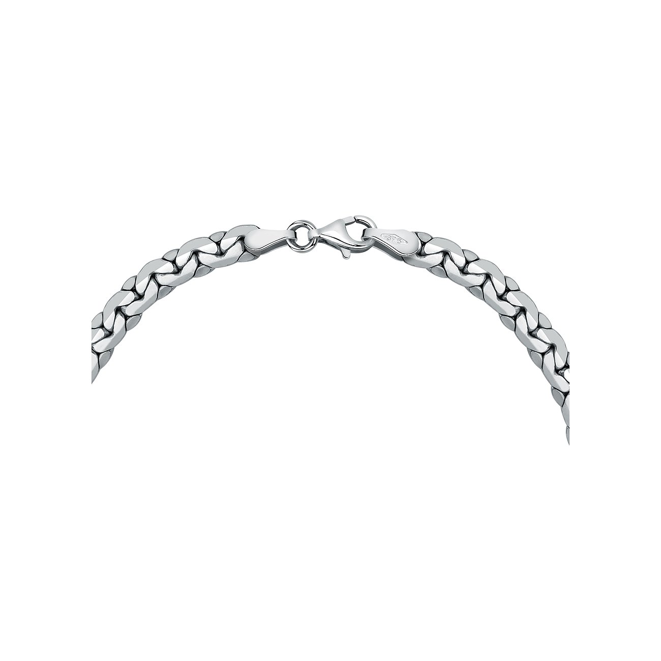Närbild av ett CHRIST armband i 375 vitguld, presenterat som en böjd kedja med karbinhake.