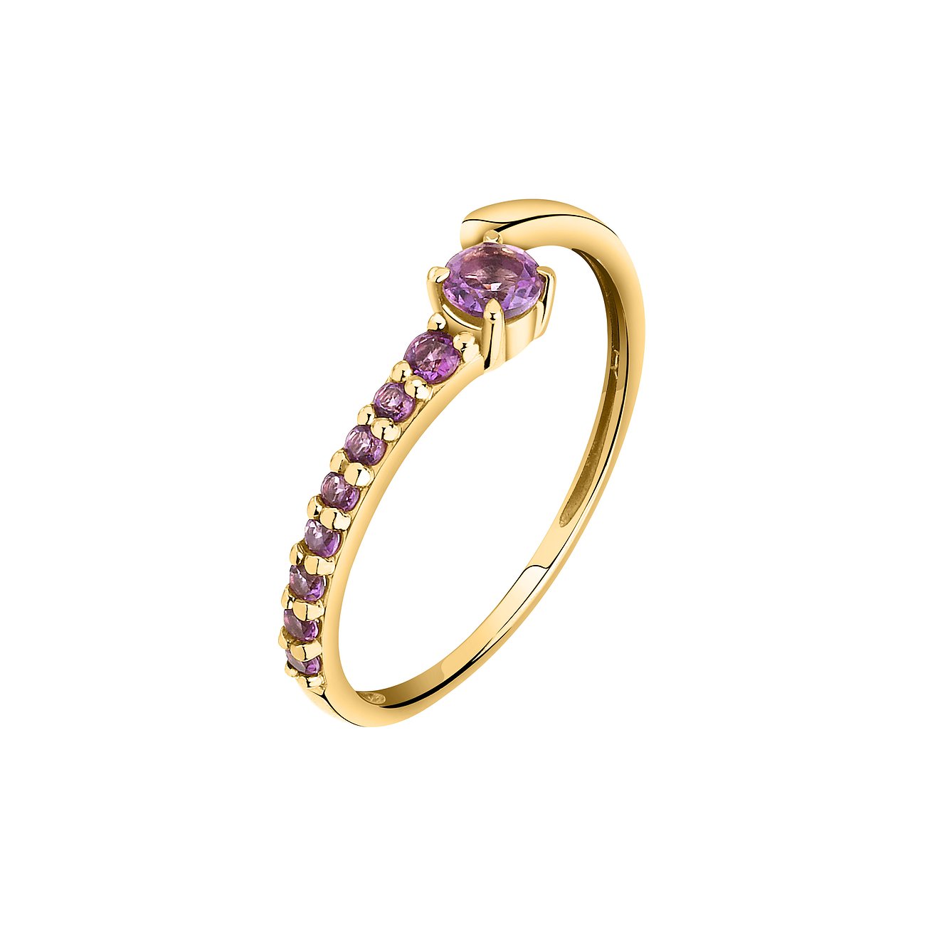 CHRIST Ring aus Gelbgold 375 mit einem großen Amethyst und einer Reihe kleinerer Amethyste.