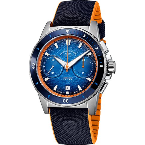 Mühle-Glashütte Herrenuhr mit Edelstahlgehäuse, blauem Zifferblatt und Chronographenanzeige.