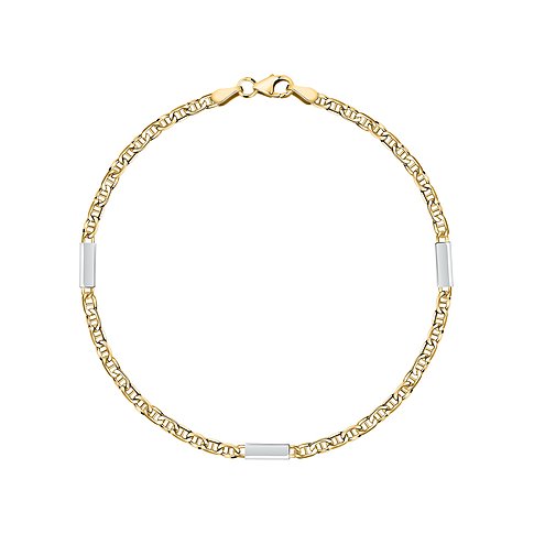375er Gelbgold Ankerkettenglieder-Armband mit silbernen Barren an drei Stellen .