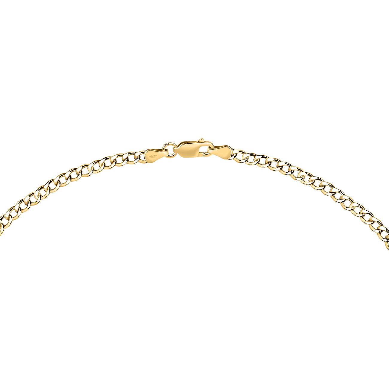 Close-up van een CHRIST 375 geelgouden ketting met fijne schakelketting en karabijnsluiting.
