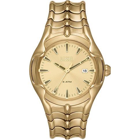 Diesel Herrenuhr mit Edelstahlgehäuse, goldfarben, analog mit Datumsanzeige.
