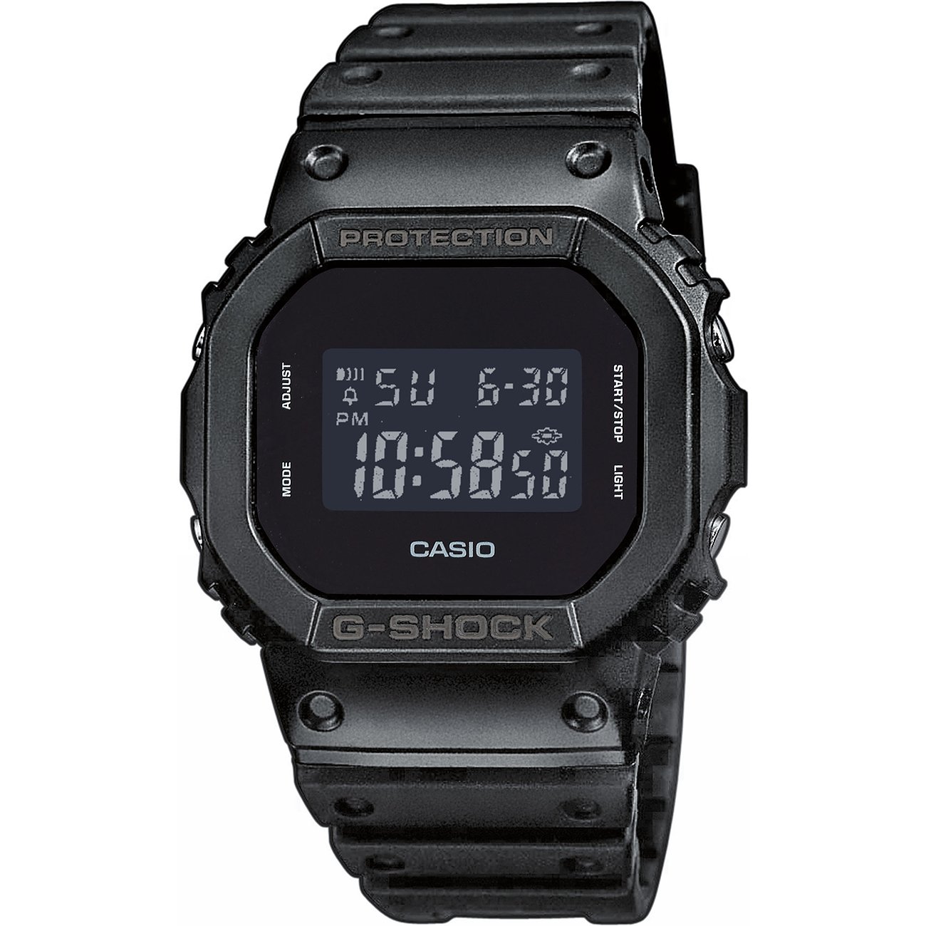 Casio G-Shock Herrenuhr mit Resin-Gehäuse, digitaler Anzeige und schwarzem Armband.