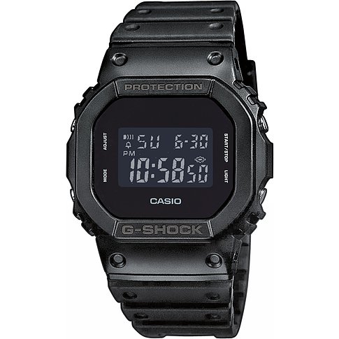 Casio G-Shock Herrenuhr mit Resin-Gehäuse, digitaler Anzeige und schwarzem Armband.