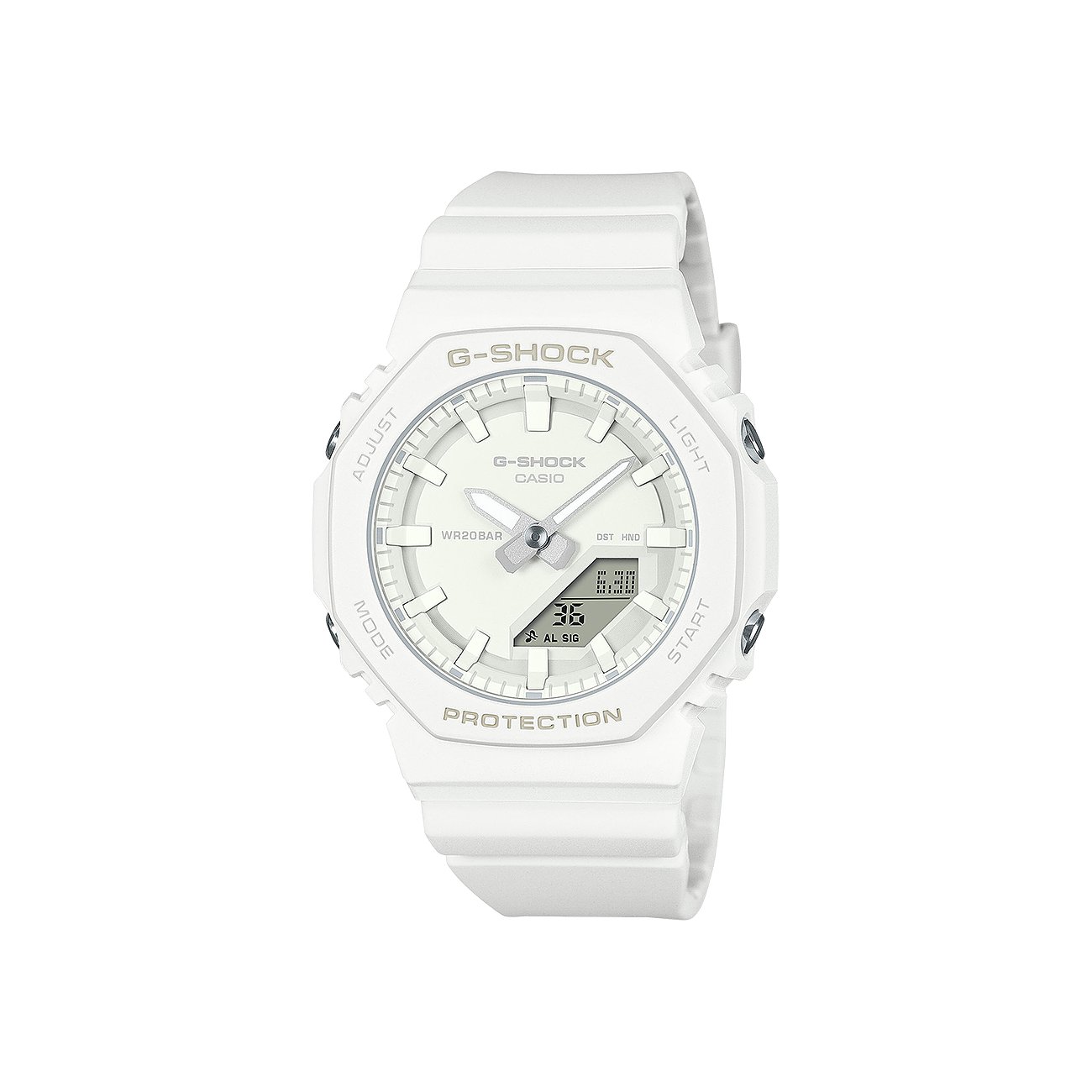 Casio Damenuhr mit Resin-Gehäuse, analog und digital, mit weißem Zifferblatt.
