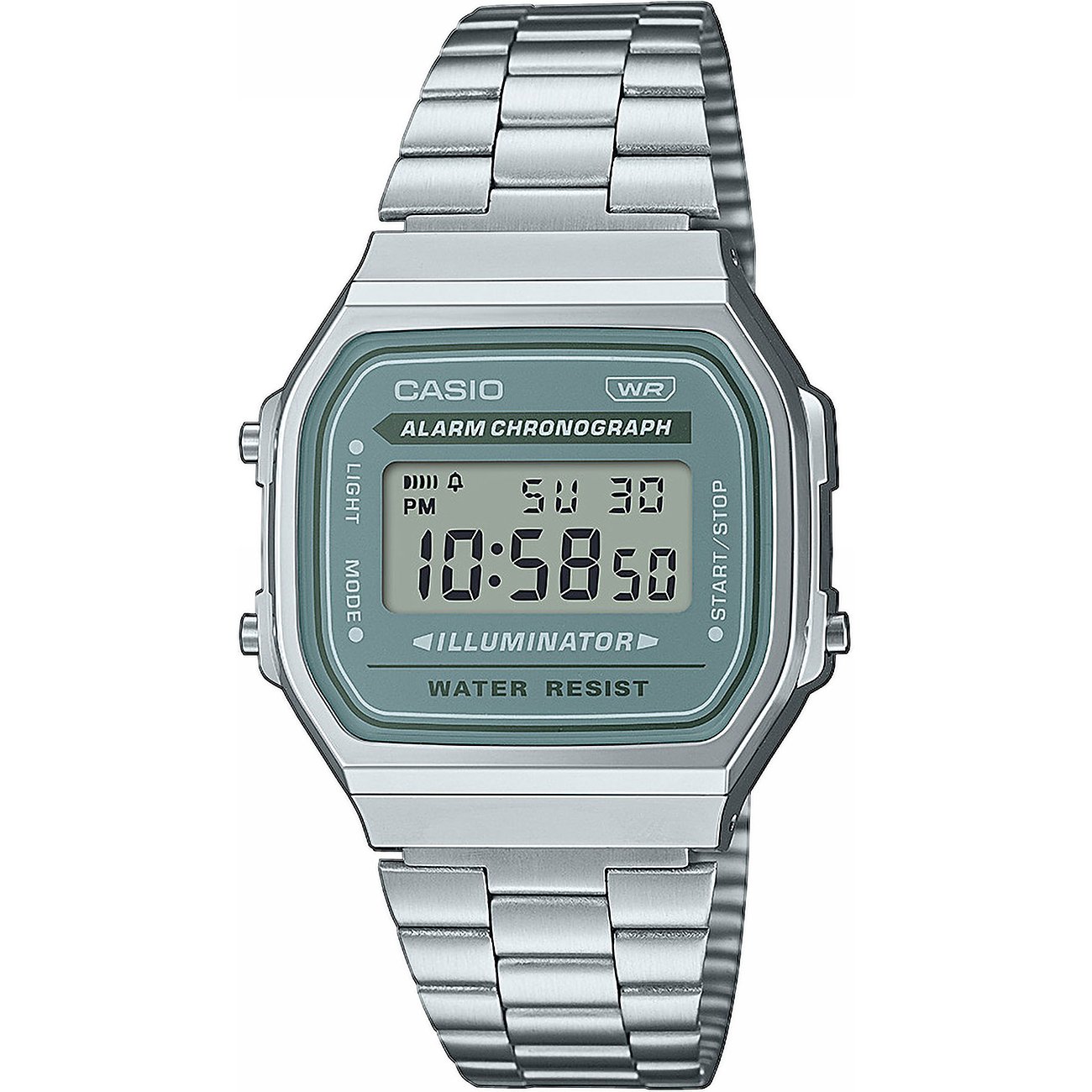 Casio Unisexuhr mit Resin-Gehäuse, digitaler Anzeige und silberfarbenem Armband.