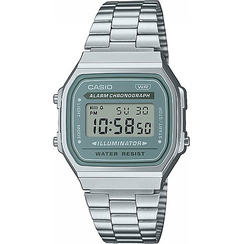 Casio Unisexuhr mit Resin-Gehäuse, digitaler Anzeige und silberfarbenem Armband.