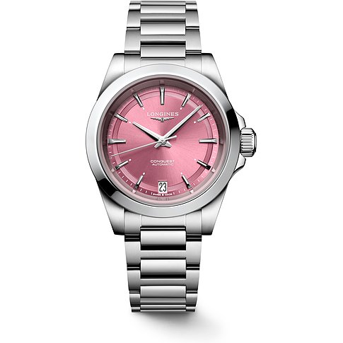 Longines Damenuhr mit Edelstahlgehäuse, pinkem Zifferblatt und Datum.