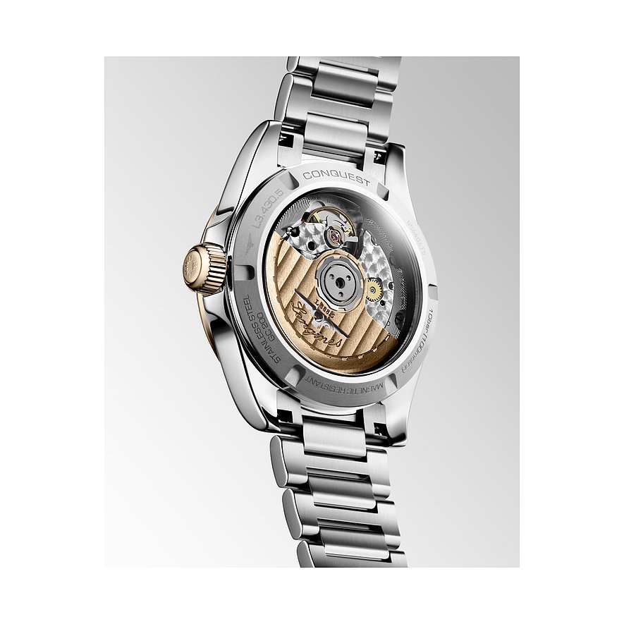 Longines Conquest Uhr mit Edelstahlgehäuse und Roségold-Elementen, mechanisches Uhrwerk.