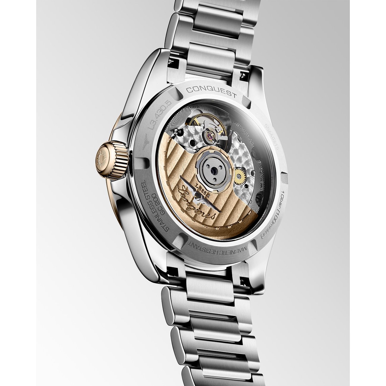 Longines Conquest Uhr mit Edelstahlgehäuse und Roségold-Elementen, mechanisches Uhrwerk.