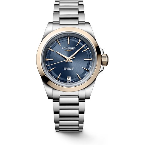 Longines Damenarmbanduhr aus Edelstahl mit Roségoldlünette, blauem Zifferblatt und Datumsanzeige.