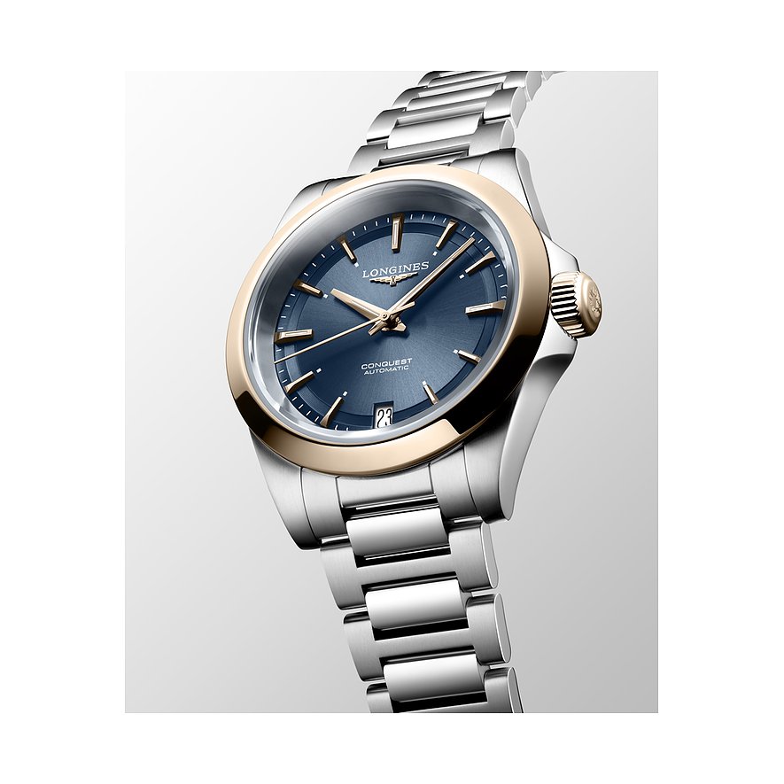 Longines Damenuhr mit Edelstahlgehäuse und Roségold-Lünette, blaues Zifferblatt.