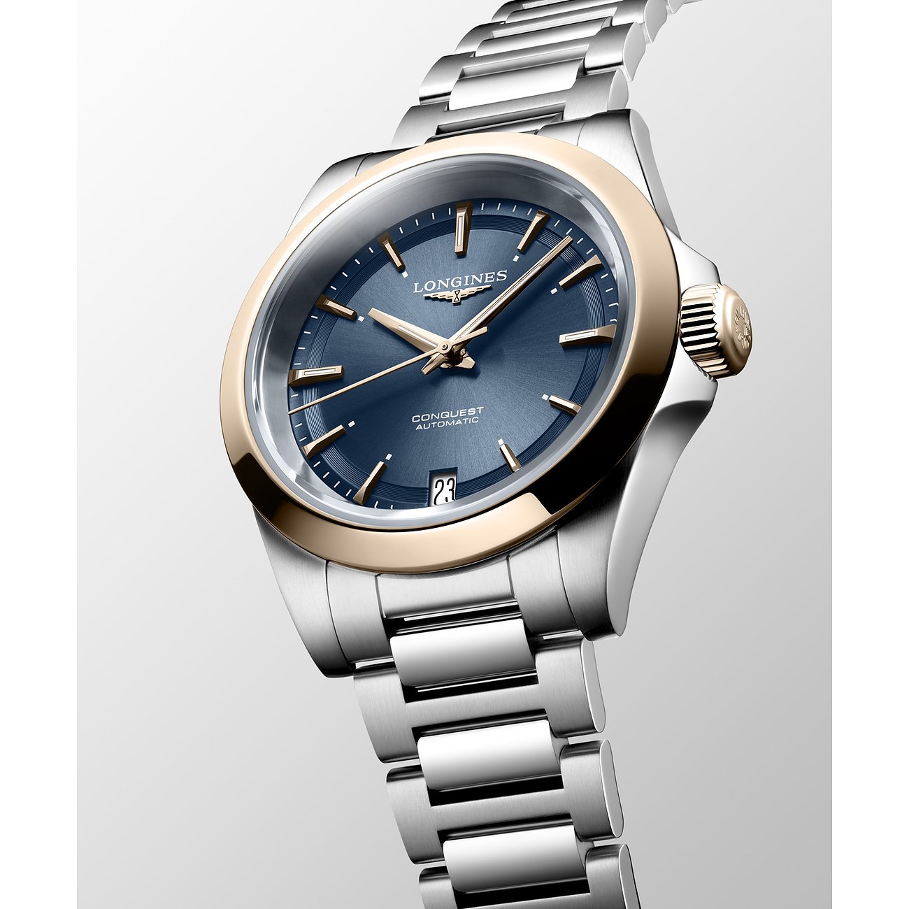 Longines Damenuhr mit Edelstahlgehäuse und Roségold-Lünette, blaues Zifferblatt.