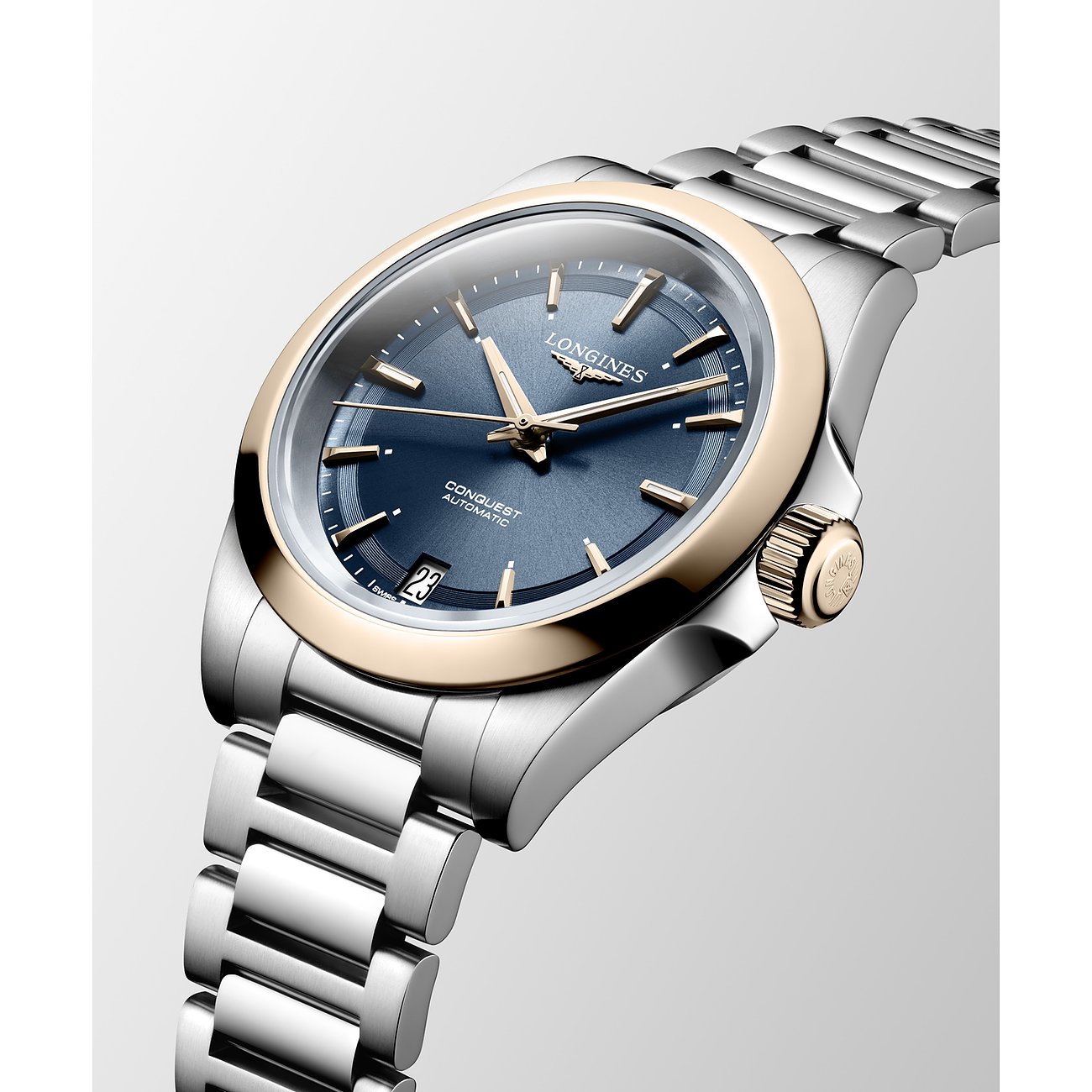 Longines Damenuhr mit Edelstahlgehäuse, Roségold-Lünette und blauem Zifferblatt.