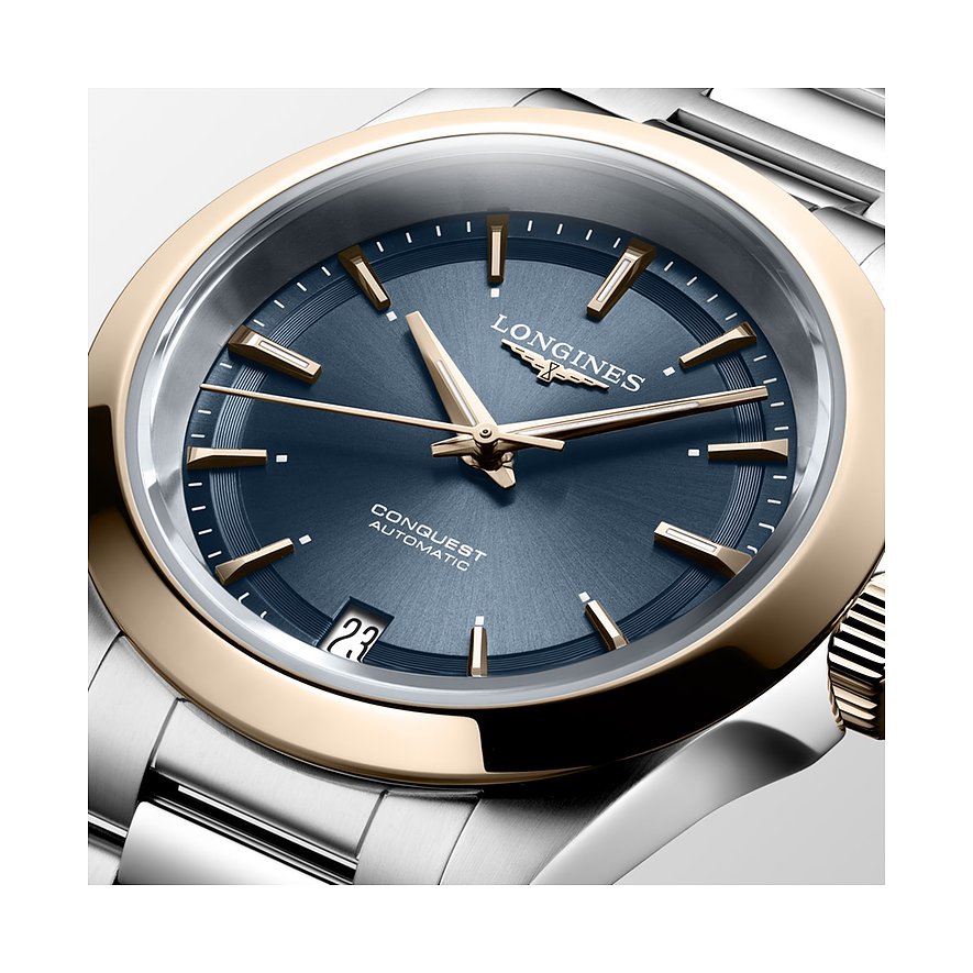 Longines Damenuhr aus Edelstahl und 750 Roségold, analog mit blauem Zifferblatt.