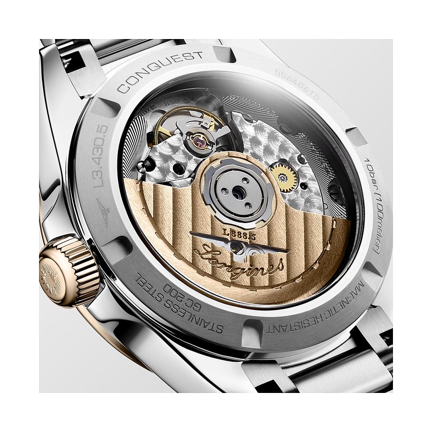 Longines Conquest Damenuhr mit Edelstahlgehäuse, Roségoldakzenten und Sichtboden.