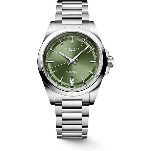 Longines Herrenuhr aus Edelstahl mit grünem Zifferblatt und Datum.