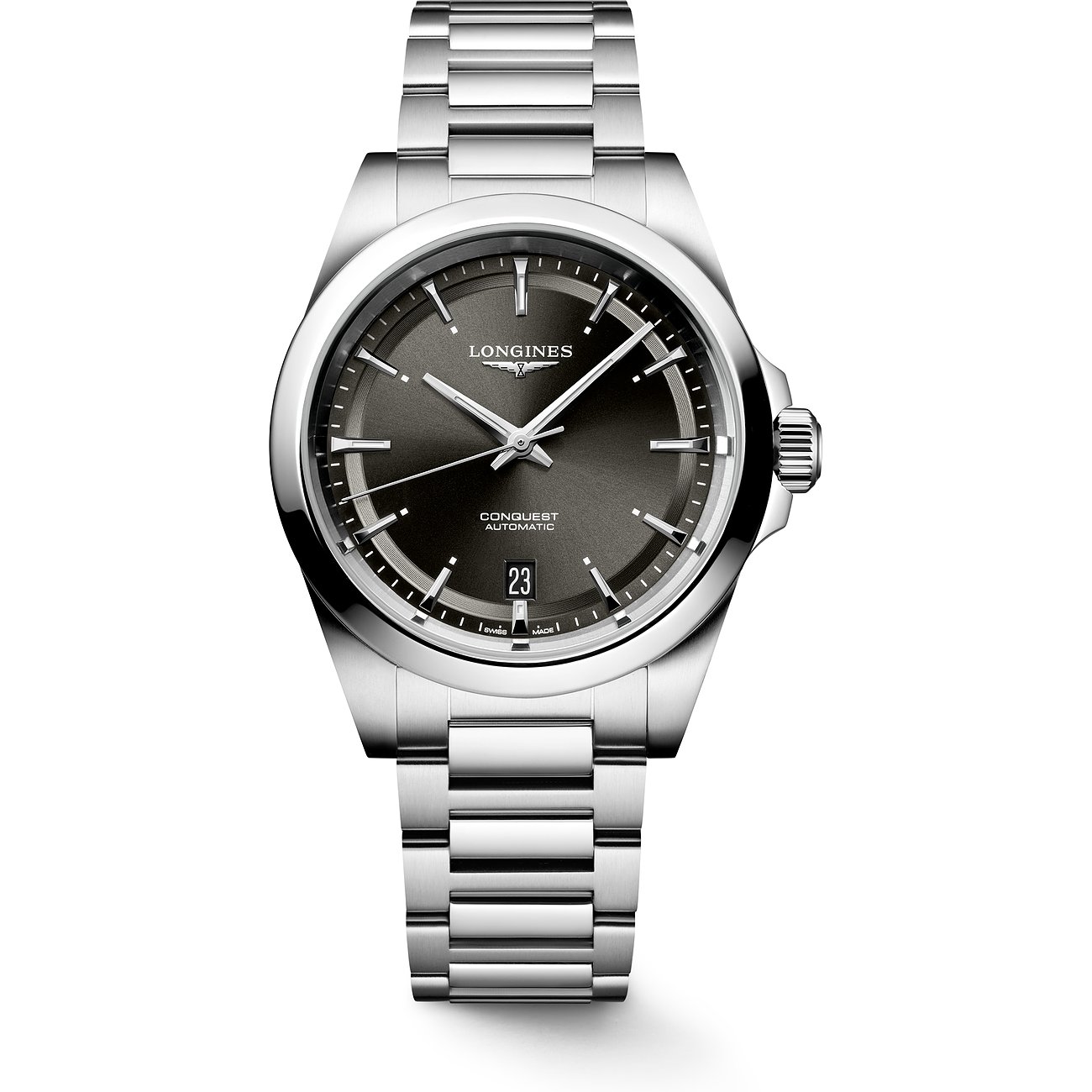 Longines Herrenuhr mit Edelstahlgehäuse, analog, mit Datumsanzeige.